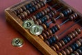 Bitcoins and classic abacus and symbol of new and old financial tool . Bitcoin is a crypto currency, a form of electronic cash. Royalty Free Stock Photo