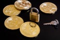 Bitcoins coins and closed padlock Royalty Free Stock Photo