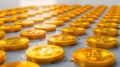 Bitcoins coins stacks. Gold cryptocurrency Bitcoin coins on a light marble surface. Photorealistic 3d illustration