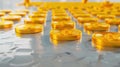 Bitcoins coins stacks. Gold cryptocurrency Bitcoin coins on a light marble surface. Photorealistic 3d illustration