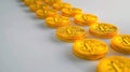 Bitcoins coins stacks. Gold cryptocurrency Bitcoin coins on a light marble surface. Photorealistic 3d illustration