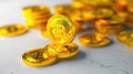 Bitcoins coins stacks. Gold cryptocurrency Bitcoin coins on a light marble surface. Photorealistic 3d illustration