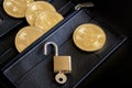 Bitcoins in a wallet and padlock Royalty Free Stock Photo