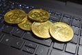 Bitcoins Crypto Currency Close Up On Laptop Keyboard   High Quality Royalty Free Stock Photo