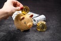 Bitcoins, currency and piggie bank