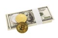 Bitcoins and dollars over white background Royalty Free Stock Photo