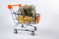 Bitcoins, euro, dollars and other currencies filling up shopping trolley, isolated on white background. Royalty Free Stock Photo