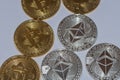 bitcoins and ether coins from cryptocurrency view from above detail