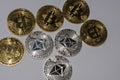 bitcoins and ether coins from cryptocurrency view from above