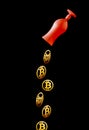 Bitcoins falling from the wine glass against black background. Wallpaper of cryptocurrency bitcoin. Mining or blockchain