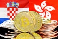Bitcoins on flag of Croatia and Hong Kong flag background