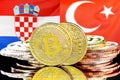 Bitcoins on flag of Croatia and Turkey flag background