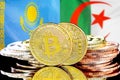 Bitcoins on Kazakhstan and Algeria flag background