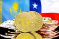 Bitcoins on Kazakhstan and Chile flag background