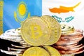 Bitcoins on Kazakhstan and Cyprus flag background