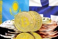 Bitcoins on Kazakhstan and Finland flag background