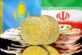 Bitcoins on Kazakhstan and Iran flag background