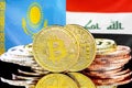 Bitcoins on Kazakhstan and Iraq flag background