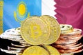 Bitcoins on Kazakhstan and Qatar flag background