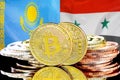 Bitcoins on Kazakhstan and Syria flag background