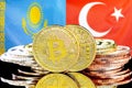 Bitcoins on Kazakhstan and Turkey flag background