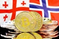 Bitcoins on Georgia and Norway flag background