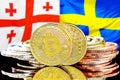 Bitcoins on Georgia and Sweden flag background