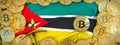 Bitcoins Gold around Mozambique flag and pickaxe on the left.3D