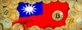 Bitcoins Gold around Taiwan flag and pickaxe on the left.3D Ill Royalty Free Stock Photo