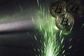 Bitcoins and green laser Royalty Free Stock Photo