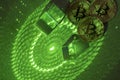 Bitcoins and hexagons, prisms and laser light. Royalty Free Stock Photo