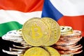 Bitcoins on Hungary and Czech Republic flag background
