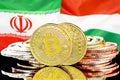 Bitcoins on Iran and Hungary flag background