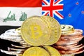 Bitcoins on Iraq and New Zealand flag background. Concept for investors in cryptocurrency and Blockchain technology in the Iraq