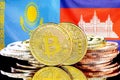Bitcoins on Kazakhstan and Cambodia flag background