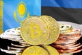Bitcoins on Kazakhstan and Estonia flag background