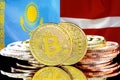 Bitcoins on Kazakhstan and Latvia flag background