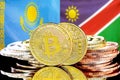 Bitcoins on Kazakhstan and Namibia flag background