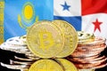 Bitcoins on Kazakhstan and Panama flag background