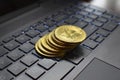 Bitcoins On Laptop Keyboard Close Up High Quality Royalty Free Stock Photo