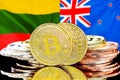 Bitcoins on Lithuania and New Zealand flag background