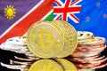 Bitcoins on Namibia and New Zealand flag background