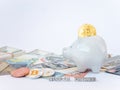 Bitcoins, New Virtual Money concept in piggy bank. Gold bitcoins