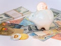 Bitcoins, New Virtual Money concept in piggy bank. Gold bitcoins with name Invest dollars ' euros ' background. Golden coins with