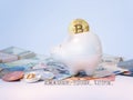 Bitcoins, New Virtual Money concept in piggy bank. Gold bitcoins with name Change Your Life on dollars ' euros ' background. Golde