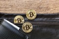 Bitcoins placed on the leather bag with the wallet on the wooden