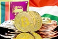 Bitcoins on Sri Lanka and Hungary flag background