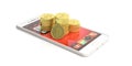 Bitcoins stack on a smartphone - white background. 3d illustration