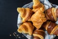 Bite croissants with chocolate on a basket, french kitchen, breakfast
