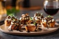 Bite-sized shiitake mushroom crostini topped with a drizzle of balsamic glaze, representing an elegant and flavorful appetizer